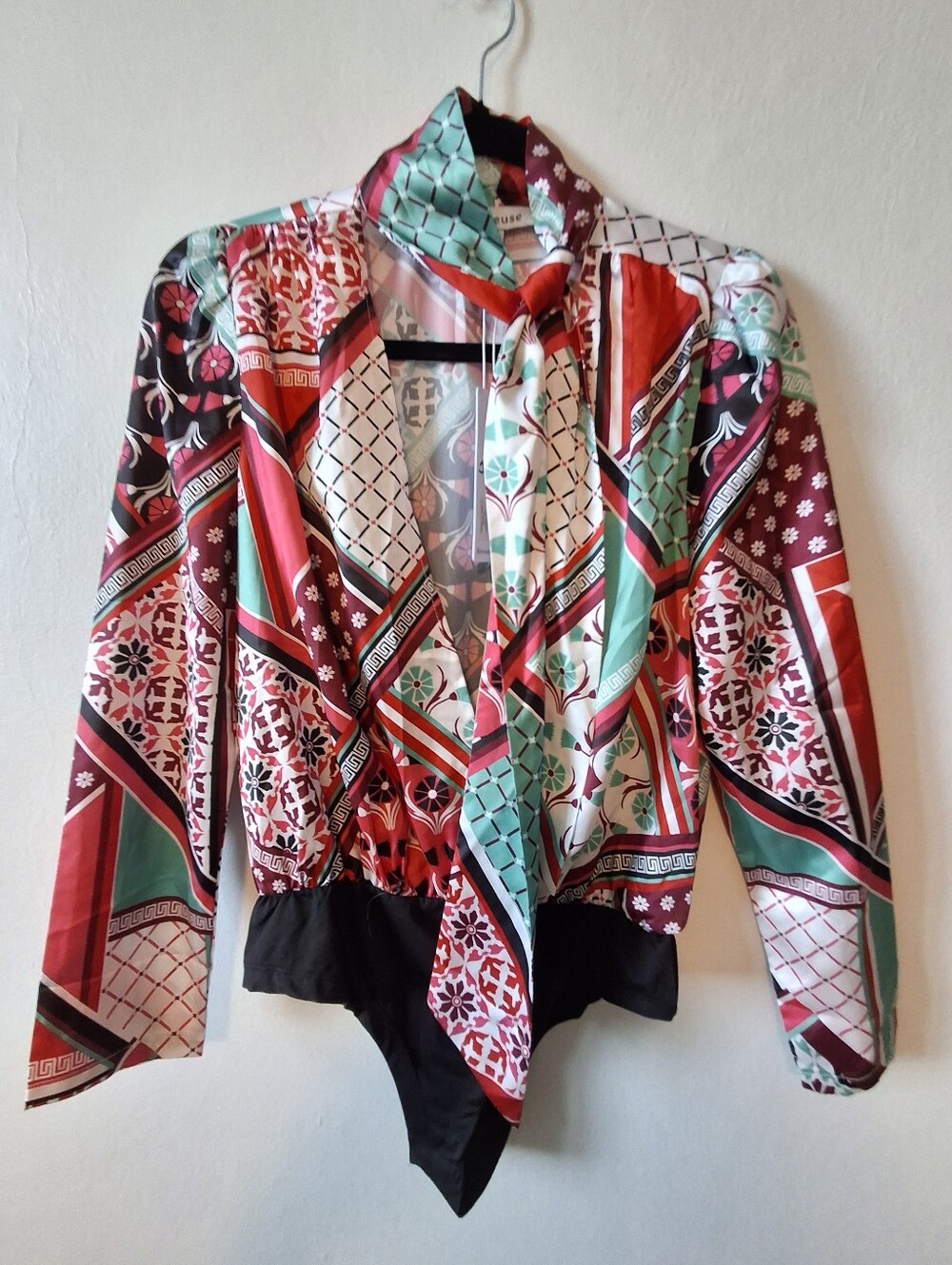 Printed Tie-Neck Women’s Bodysuit Jacket - Red Multicolor